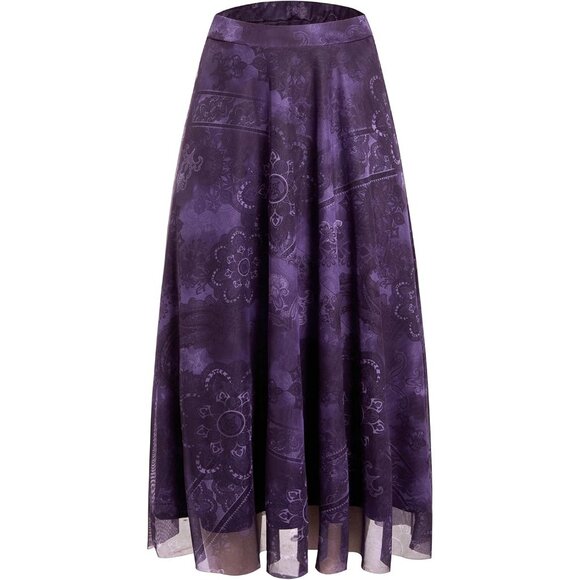 Dresses & Skirts - Women Purple 100% Polyester Long Maxi Gothic Flowy Boho Floral Print Mesh Skirts